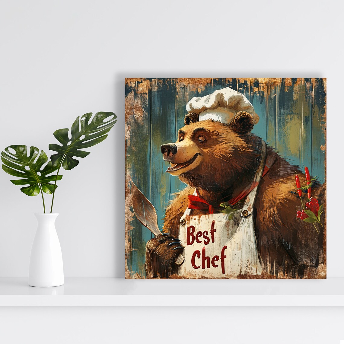 Best Chef Bear In Chef Hat And Apron Vintage Rustic Kitchen Wall Poster - Image 2