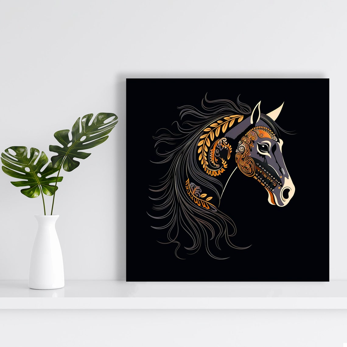 Black Horse Head Gold Ornamental Detailing Flowing Mane Elegant Poster - Image 2