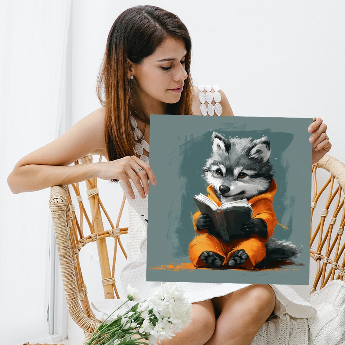 Baby Wolf Reading Book Orange Pajamas Cute Woodland Wall Poster - Image 3