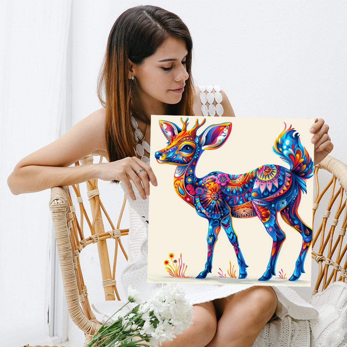 Kaleidoscope Deer With Ornate Mandala Patterns Blue Orange Eclectic Poster - Image 3
