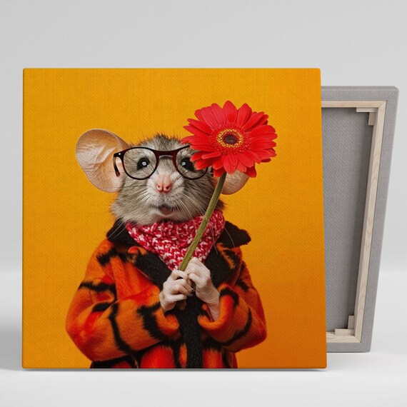 Hipster Hamster Bloom Art Or Poster Whimsical Animal Decor Childrens Room Living Room Bedroom Office Art Orange Red Brown Black
