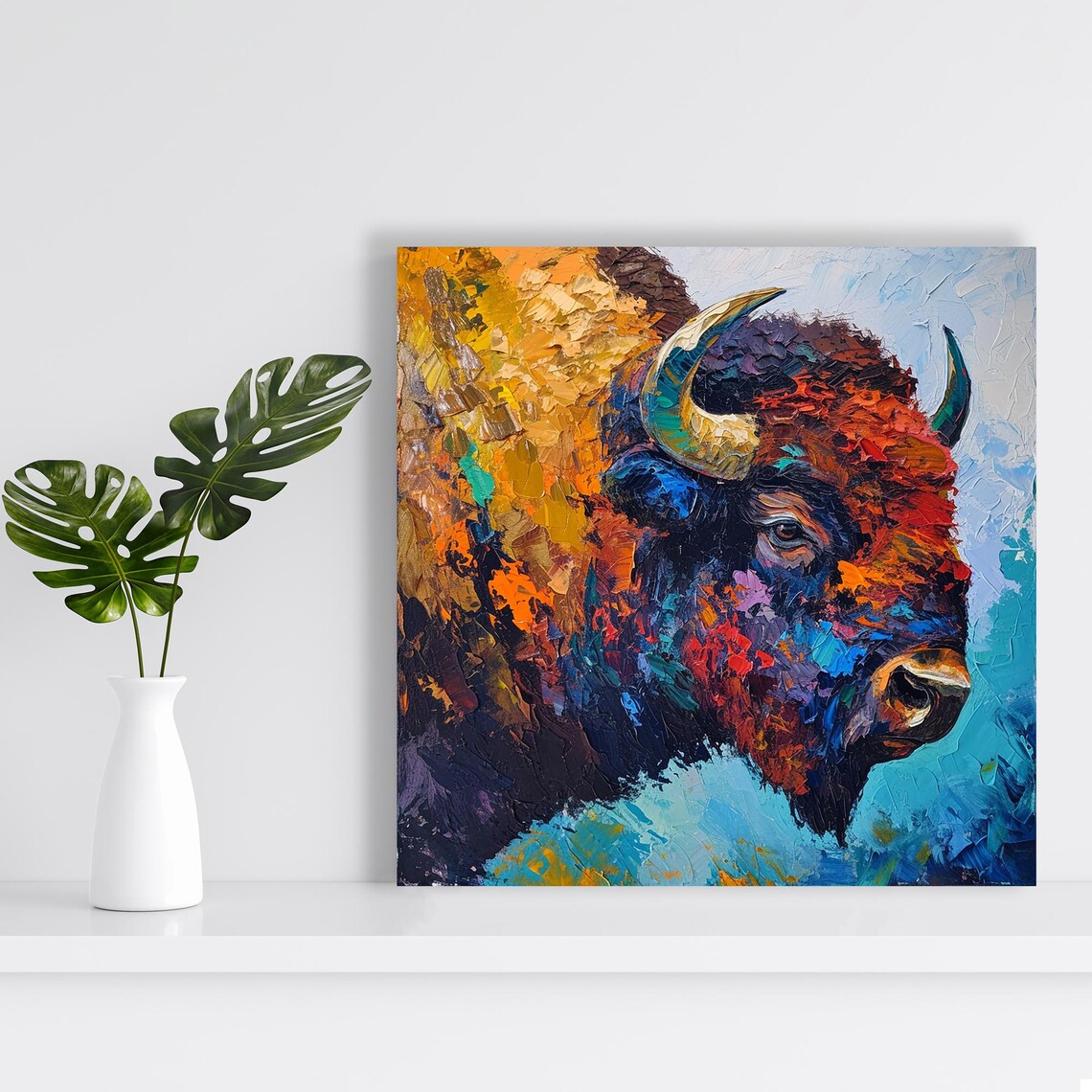 Bison Mosaic Art Or Poster Vibrant Impressionism Rustic Decor Living Room Office Bedroom Wall Art Multicolor Orange Blue Red - Image 2