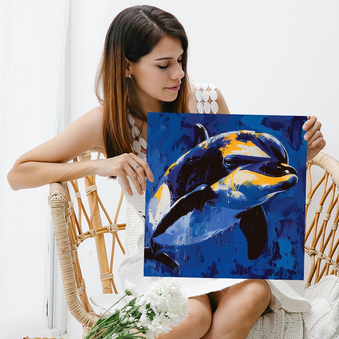 Abstract Blue Dolphin Golden Ocean Brushstroke Art Wall Poster - Image 3