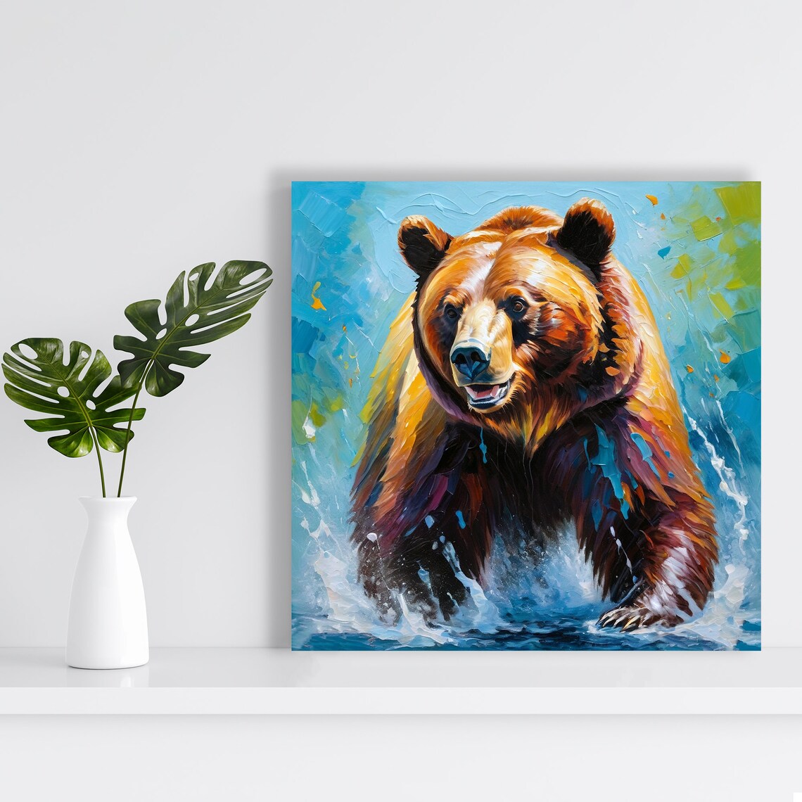 Majestic Grizzly Bear Splash Colorful Impasto River Wildlife Wall Poster - Image 2