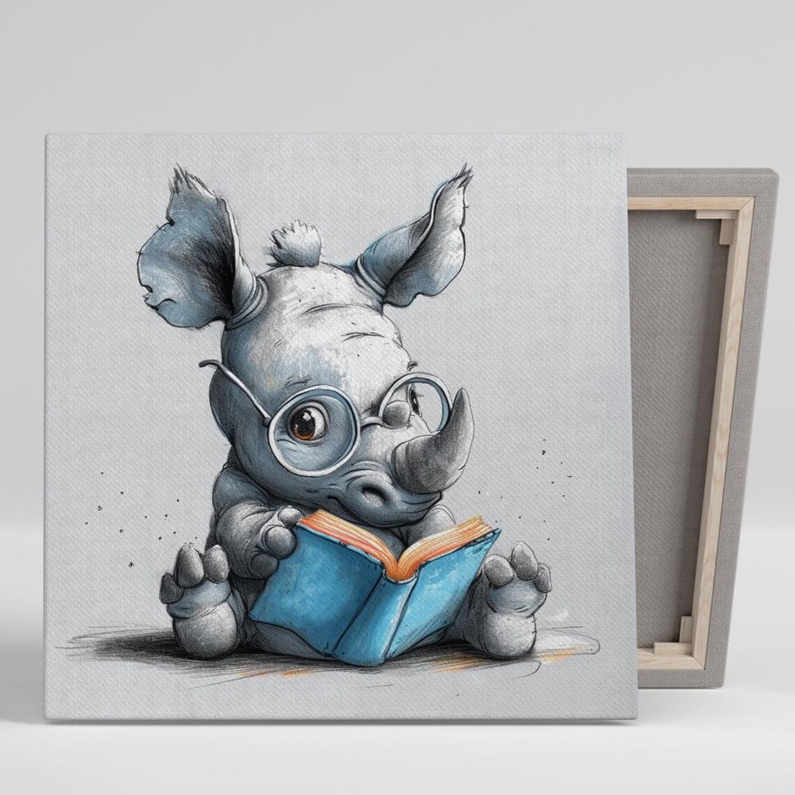 Bookworm Rhino Whimsical Animal Art Print, Nursery Decor