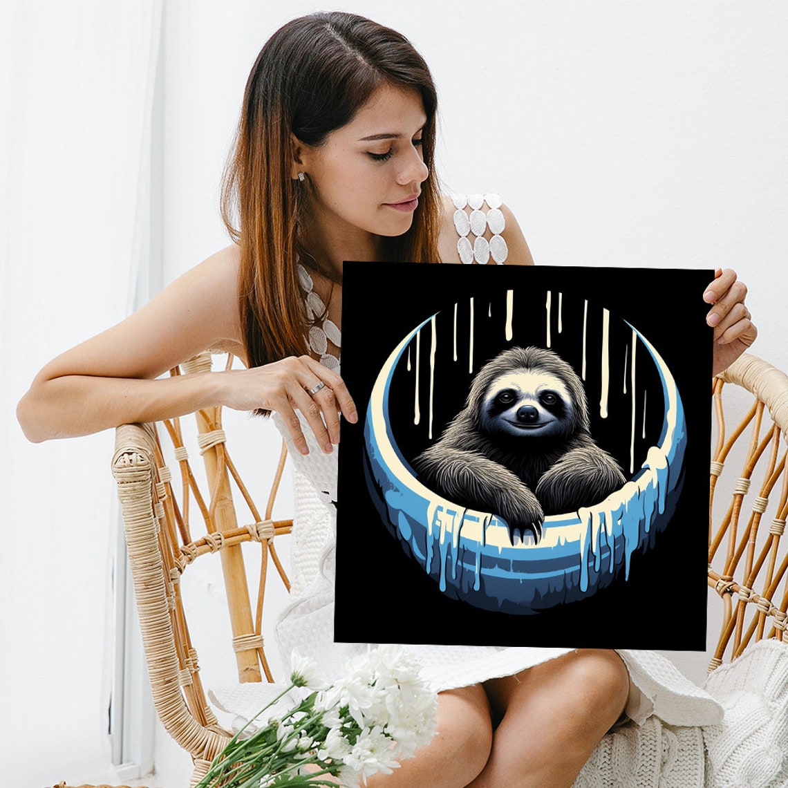 Smiling Sloth Crescent Moon Night Sky Minimalist Animal Wall Art - Image 3