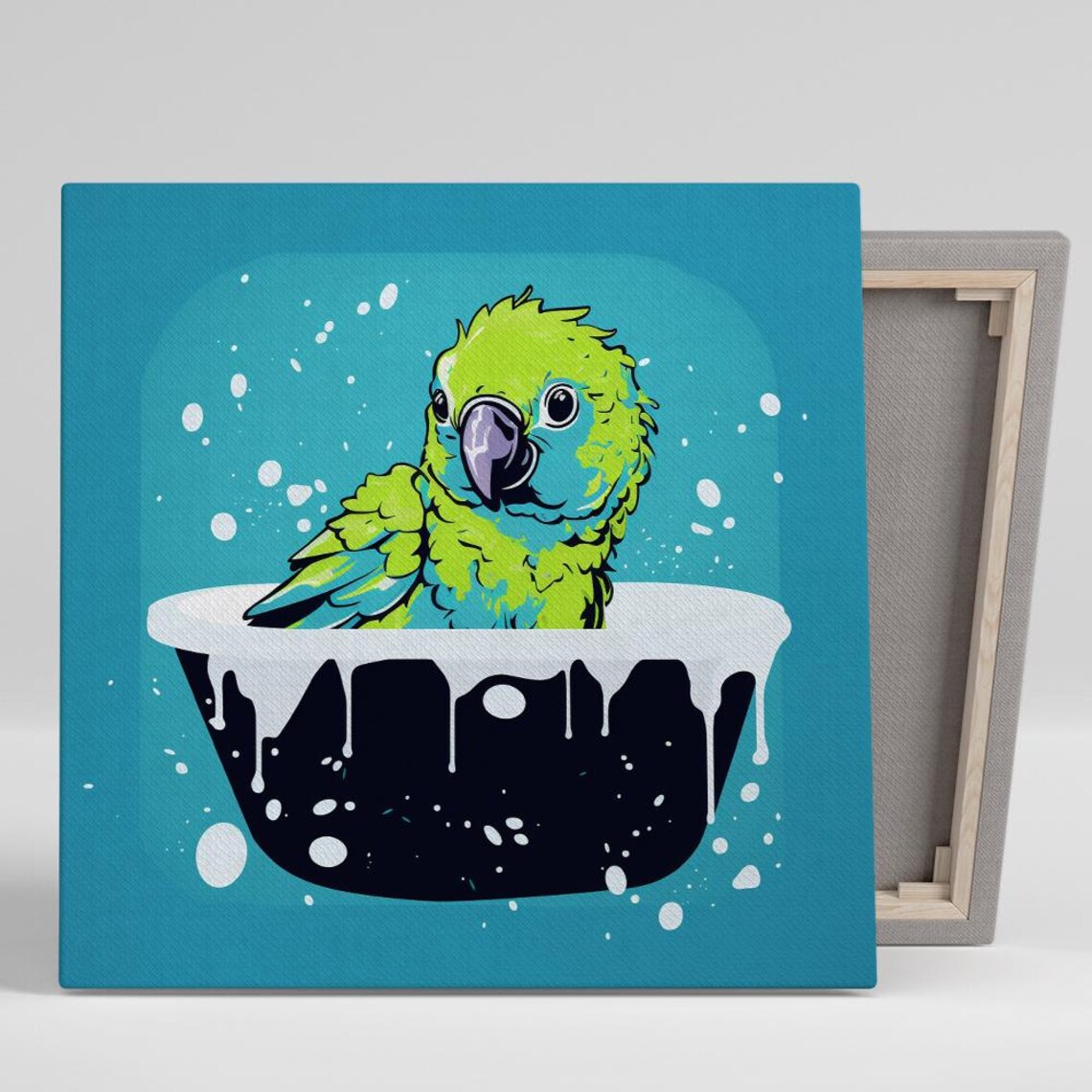 Bathing Parrot Splash Art, Whimsical Animal Poster