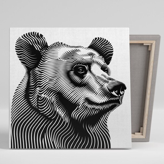 Black White Bear Head Wavy Line Art Minimalist Animal Wall Poster