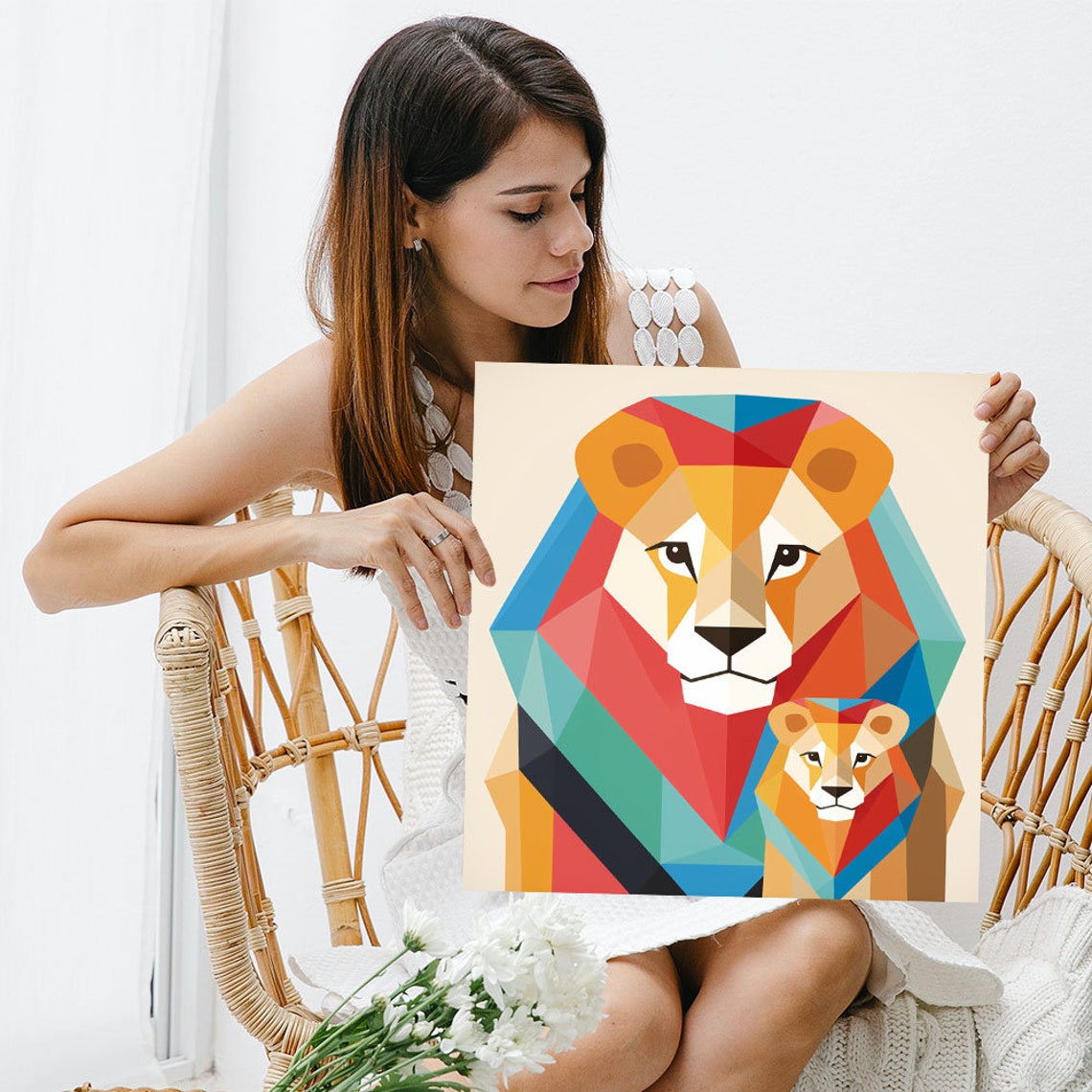 Geometric Low Poly Lion And Cub Colorful Abstract Wildlife Poster - Image 3