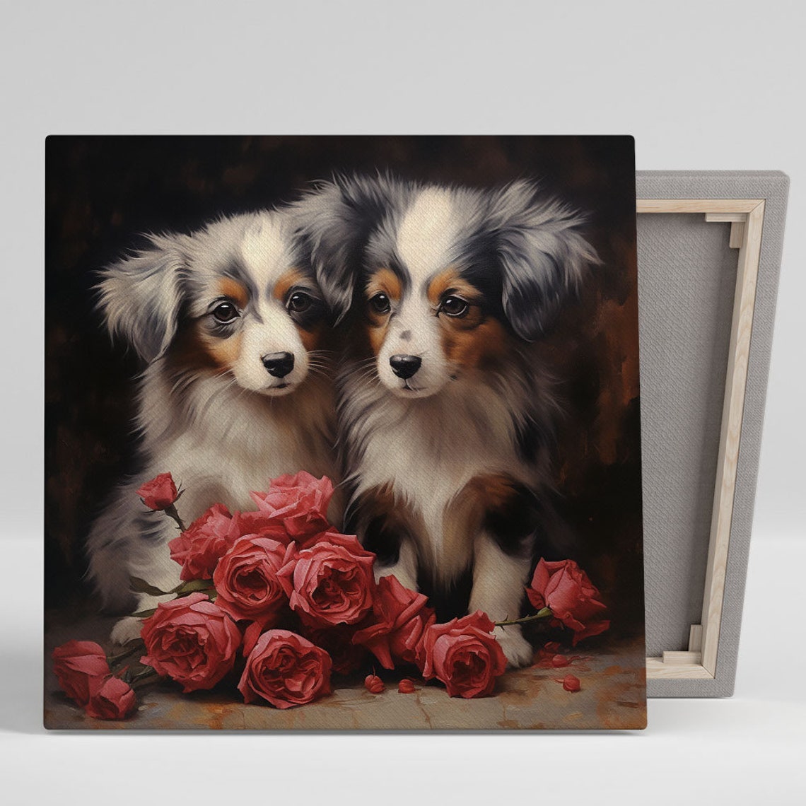 Dogs With Red Flower Art Or Poster Pet Themed Artwork Contemporary Dog And Flower Art Animal Art Dog Wall Art Home Decor