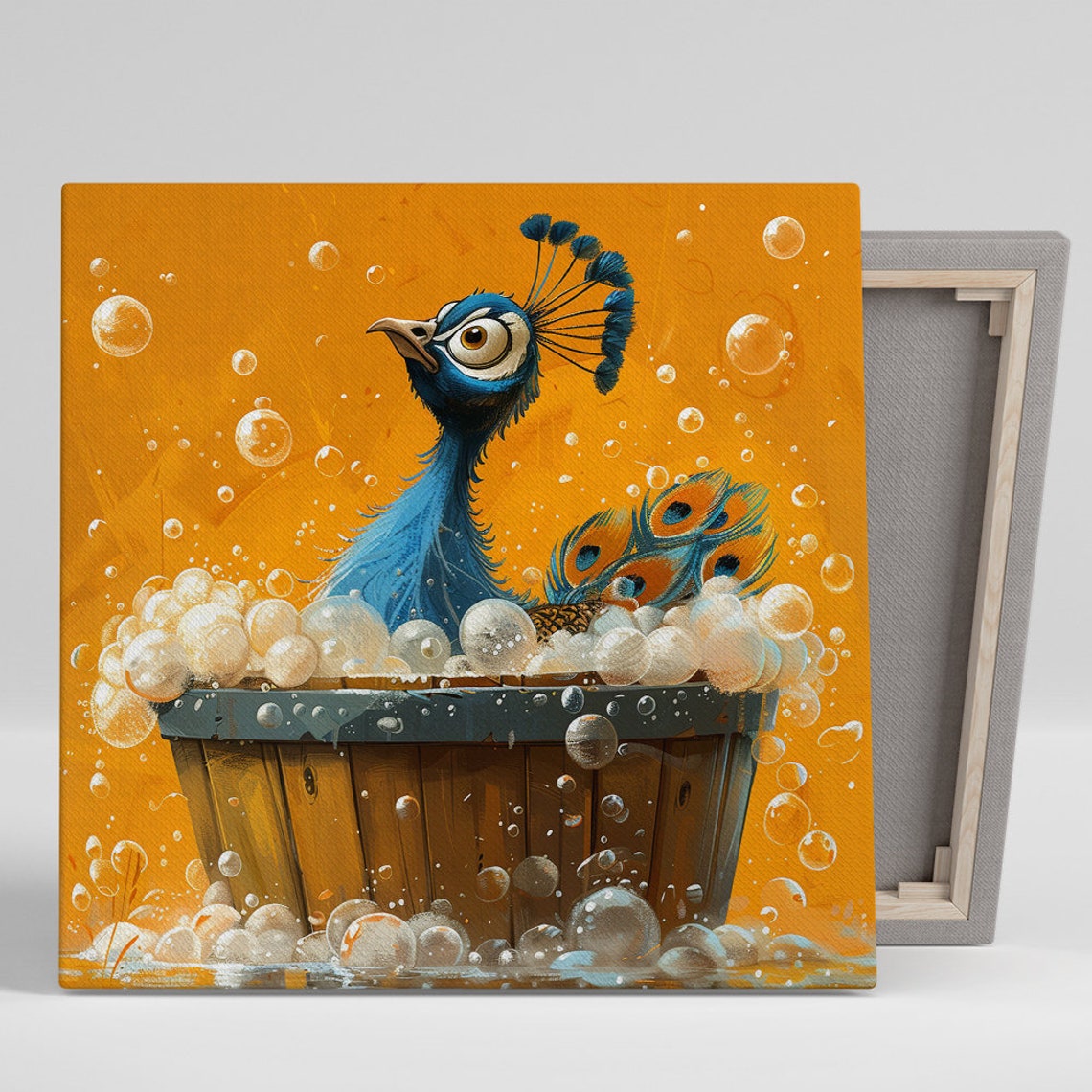 Happy Peacock Bubble Bath Wooden Tub Playful Whimsical Wall Art