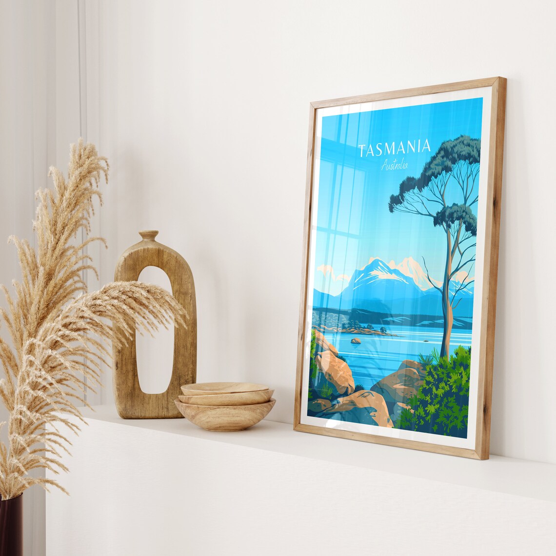 Tasmania Australia Snow Capped Mountain and Lake Landscape Poster - Image 2