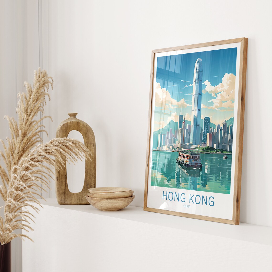 Hong Kong China Skyline Ferry Victoria Harbor Retro Travel Poster - Image 2