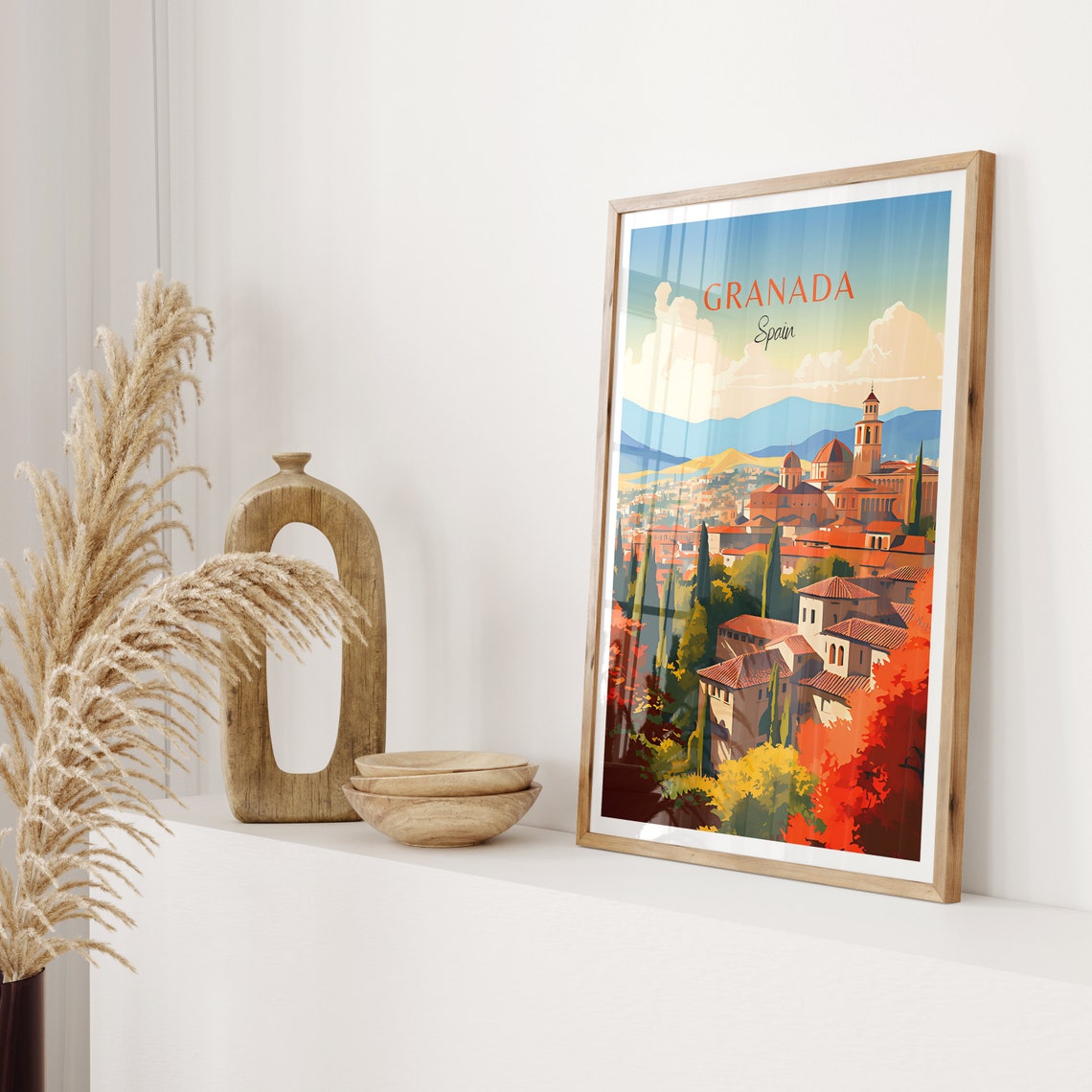 Granada Spain Travel Poster Cathedral Domes Cypress Red Foliage Art - Image 2