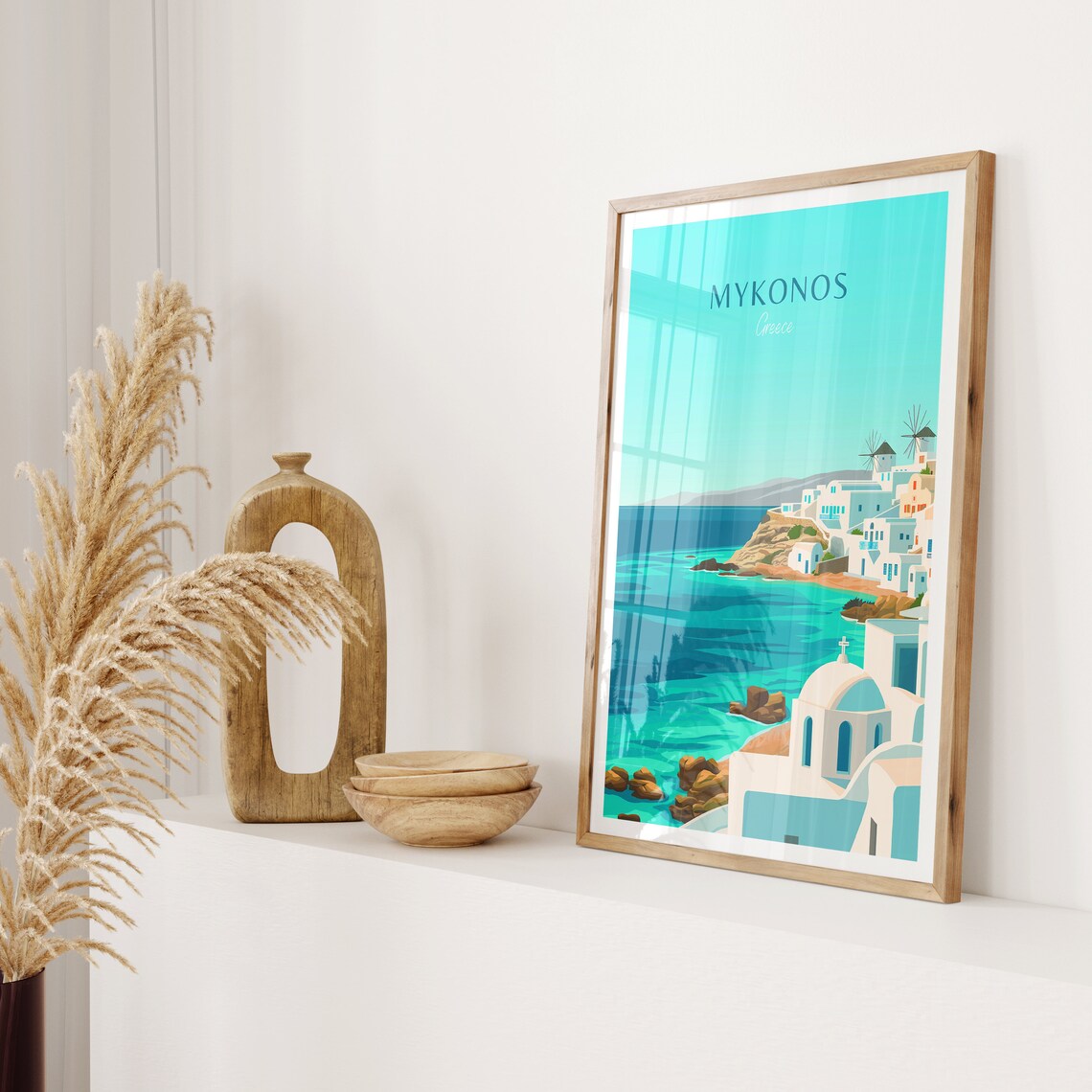 Mykonos Greece Whitewashed Village with Windmills and Sea Poster - Image 2