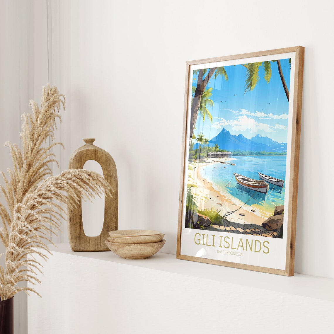 Gili Islands Bali Indonesia Beach with Boats and Mountain Poster - Image 2