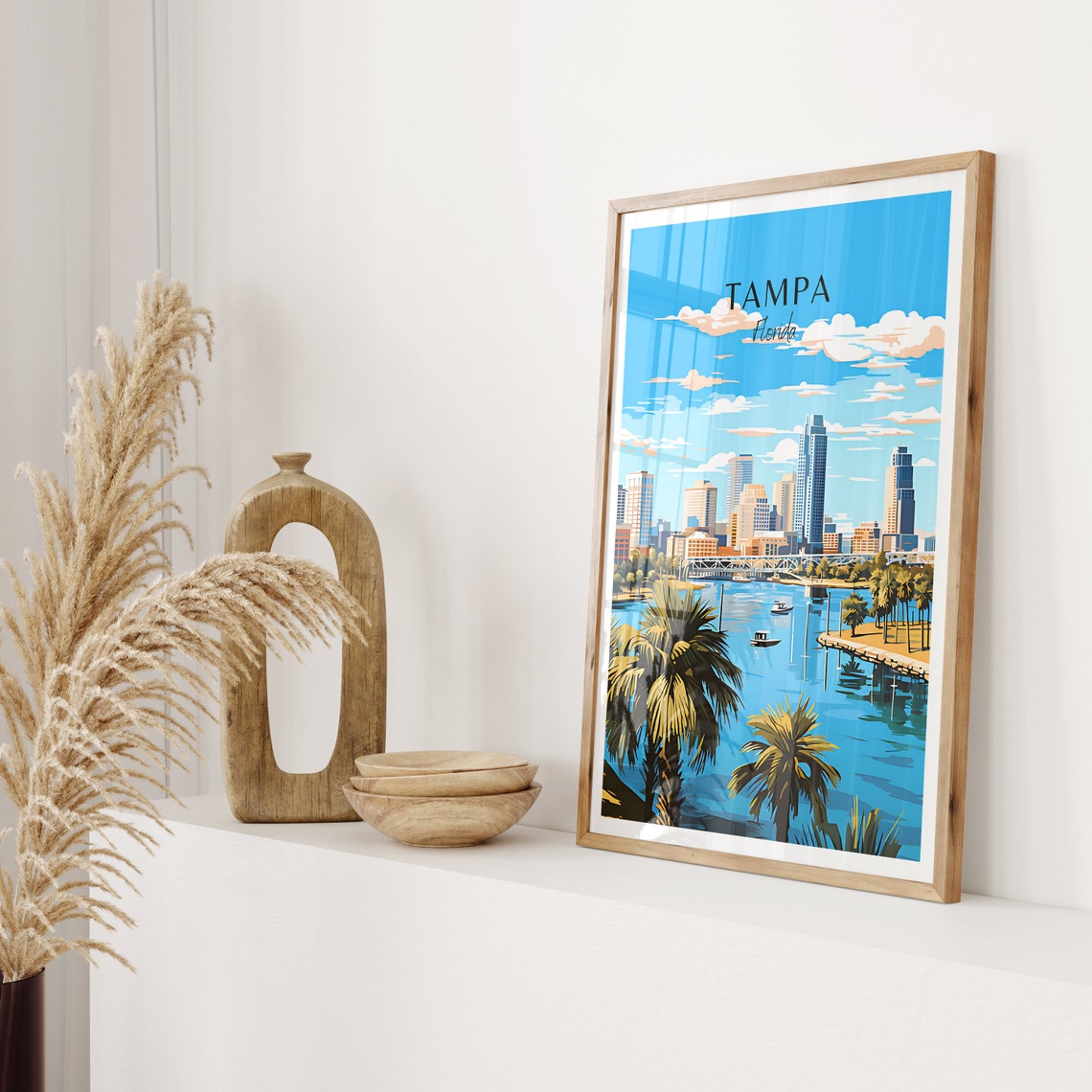 Tampa Florida Downtown Skyline River Palms Illustrated Travel Poster - Image 2