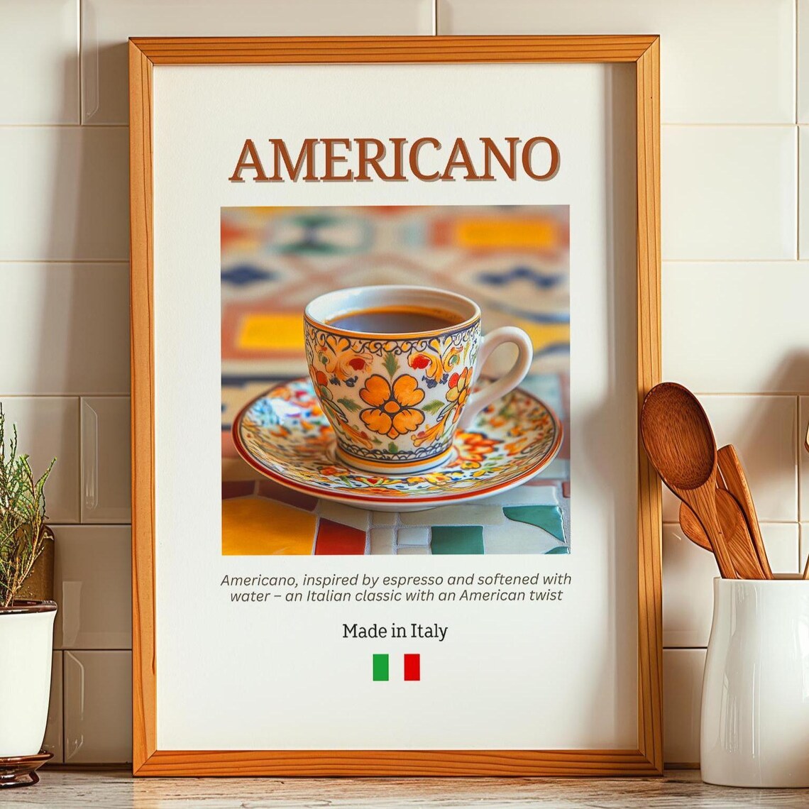 Americano Italian Espresso Coffee Poster Majolica Cup Kitchen Wall Decor