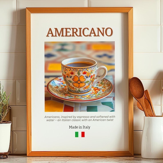 Americano Italian Espresso Coffee Poster Majolica Cup Kitchen Wall Decor