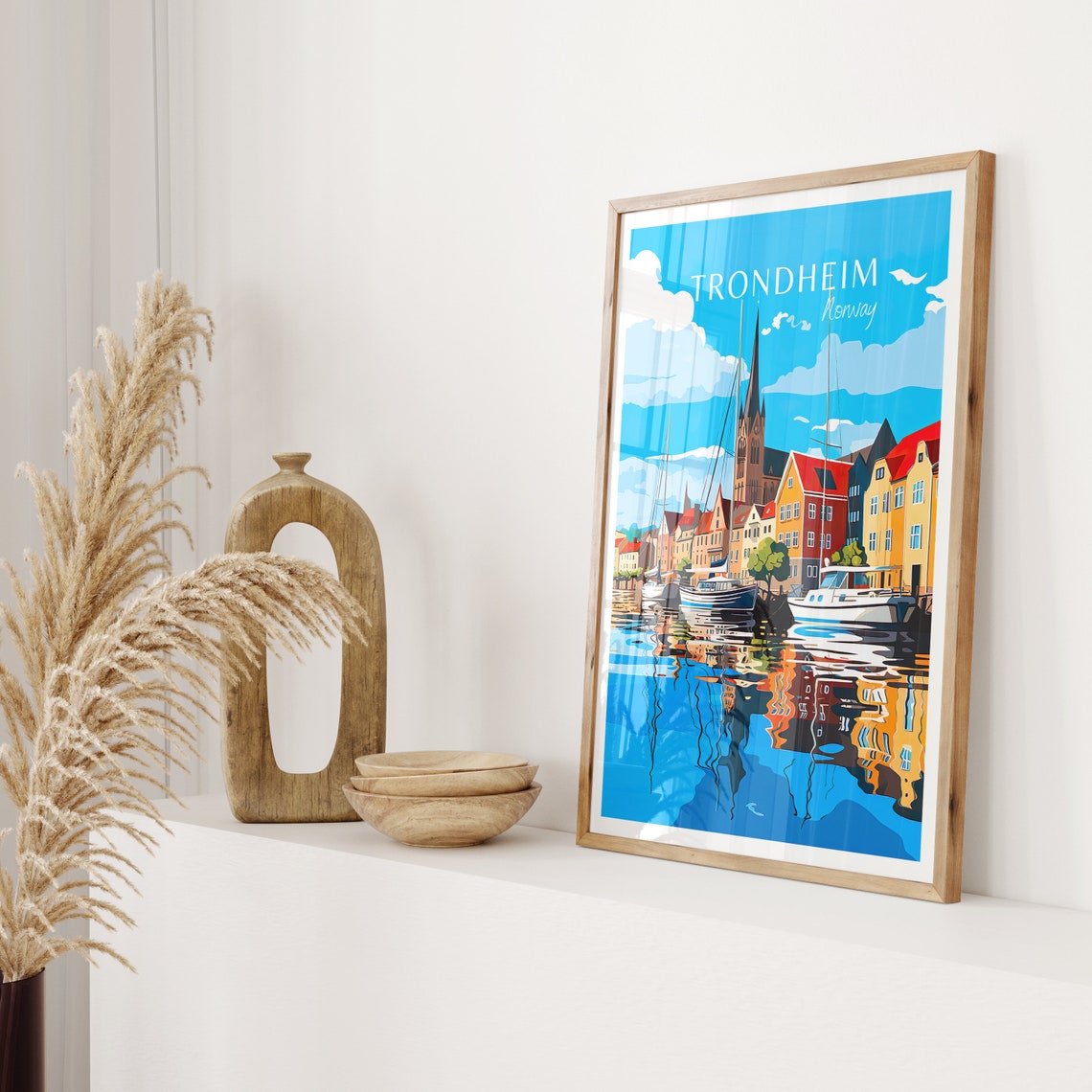 Trondheim Norway Travel Poster Harbor Boats Cathedral Spire View - Image 2