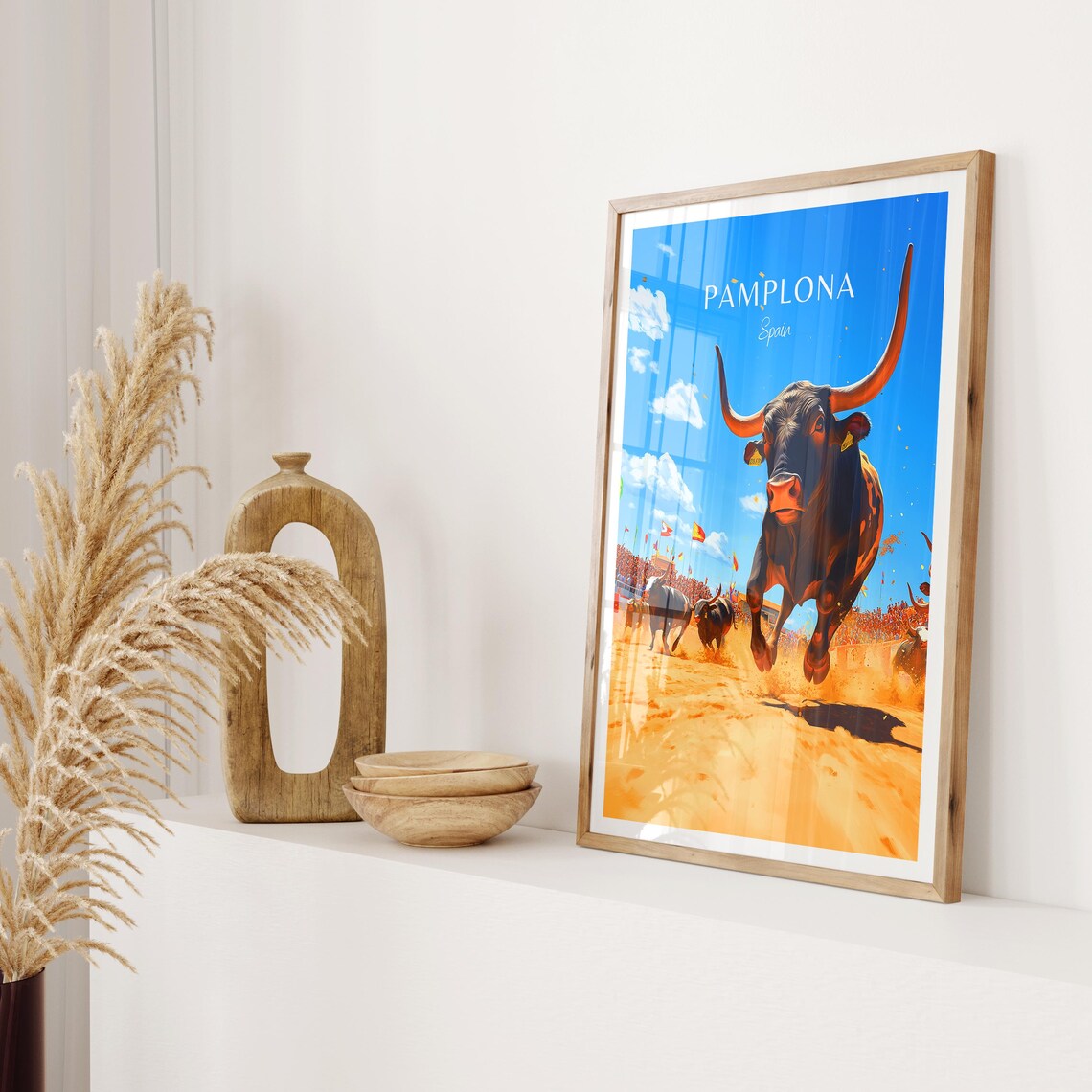 Pamplona Spain Charging Bull Running Festival Arena View Poster - Image 2