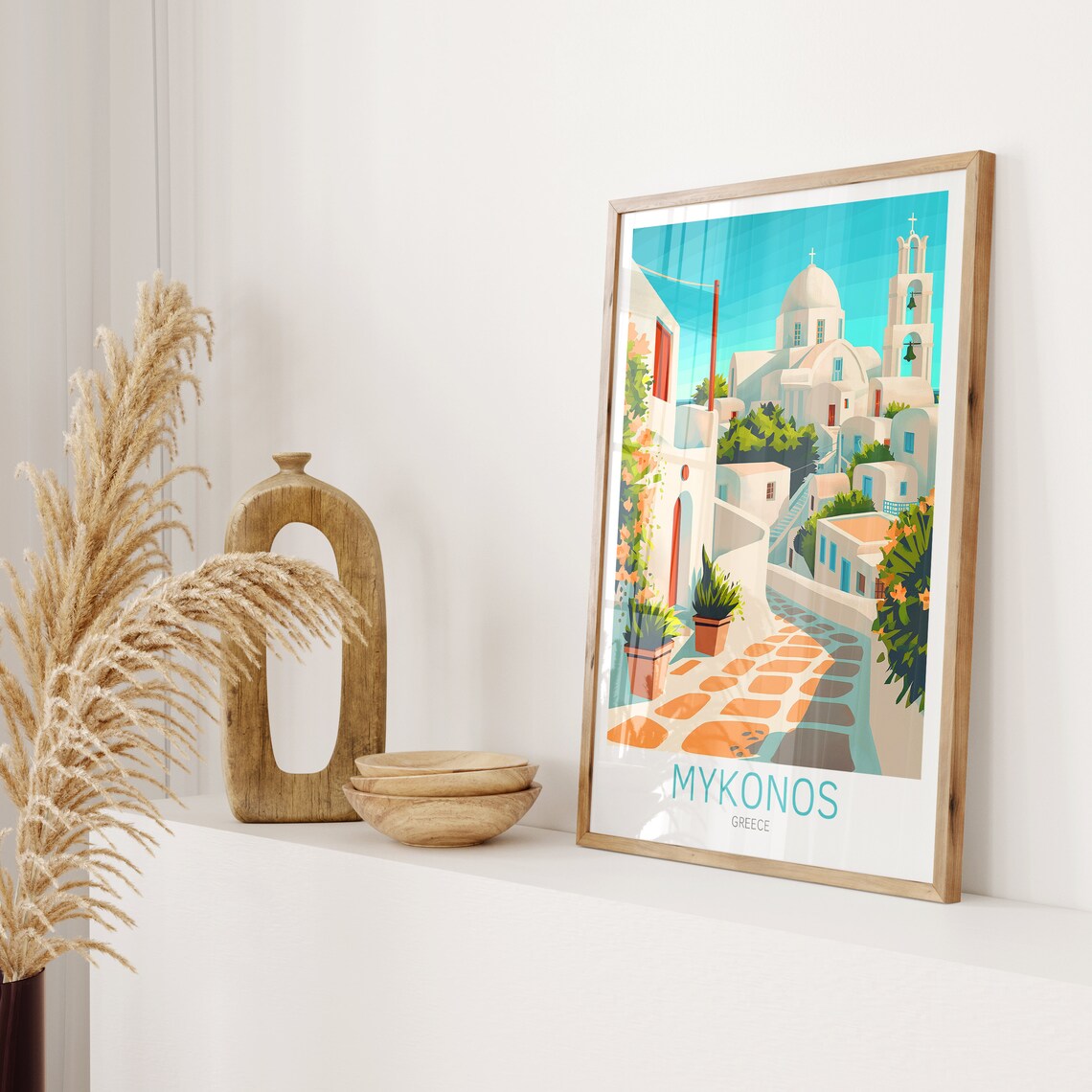 Charming Sunny Mykonos Greece Whitewashed Village and Church Poster - Image 2
