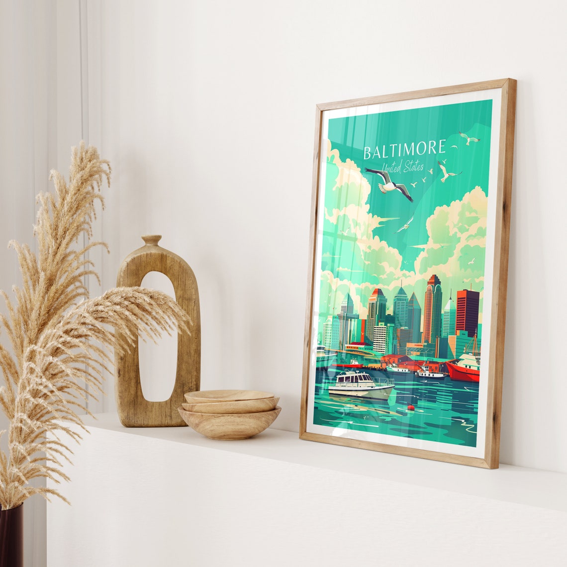 Baltimore United States Skyline with Seagulls and Boats Poster - Image 2