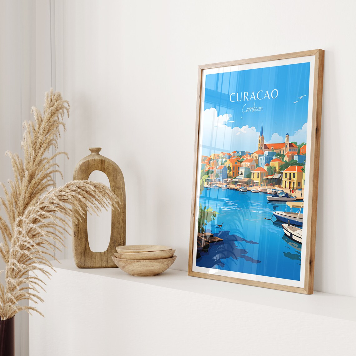 Curacao Caribbean Colorful Waterfront Boats Harbor View Poster - Image 2