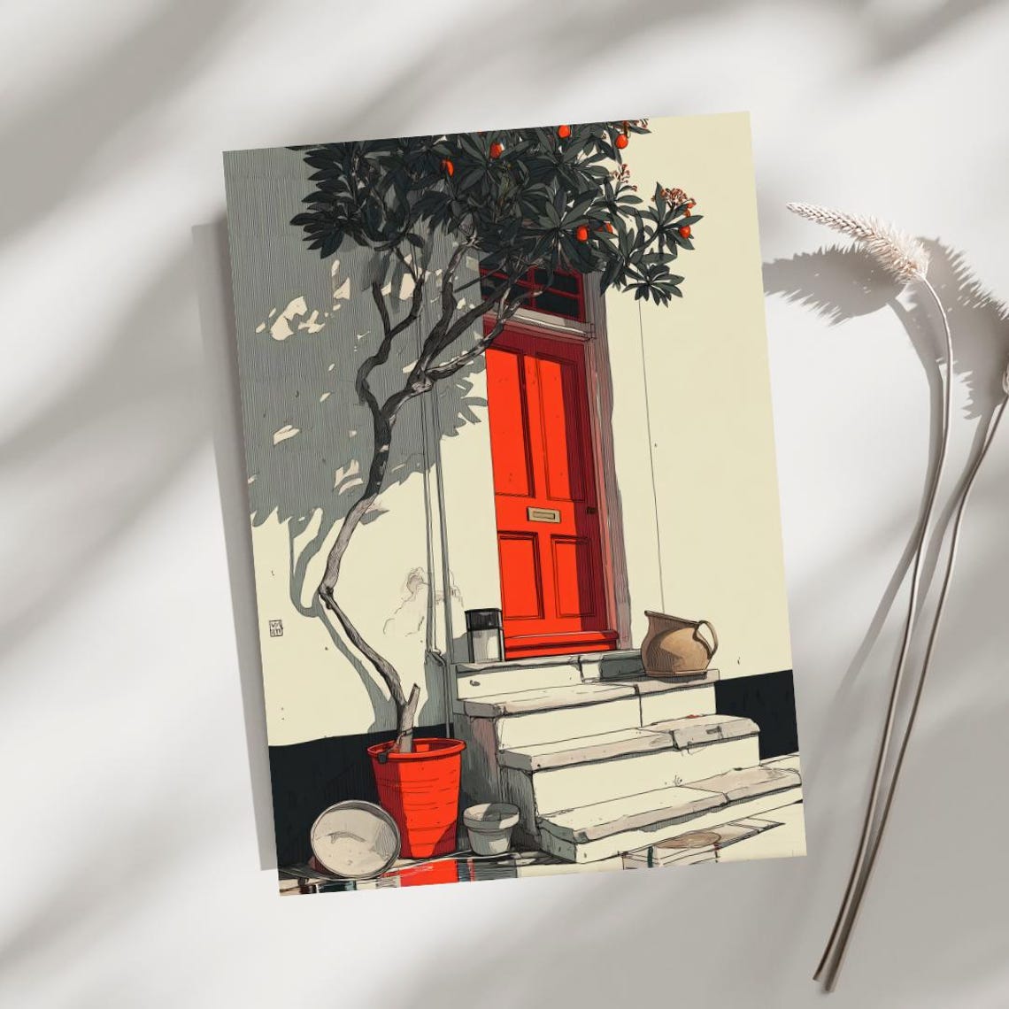 Red Door Mediterranean House Orange Tree Minimalist Art Poster