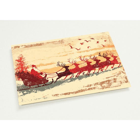 Vintage Santa And Reindeer Postcard Retro Christmas Card Design Classic Holiday Greeting Festive Seasonal Artwork Pack Of 10