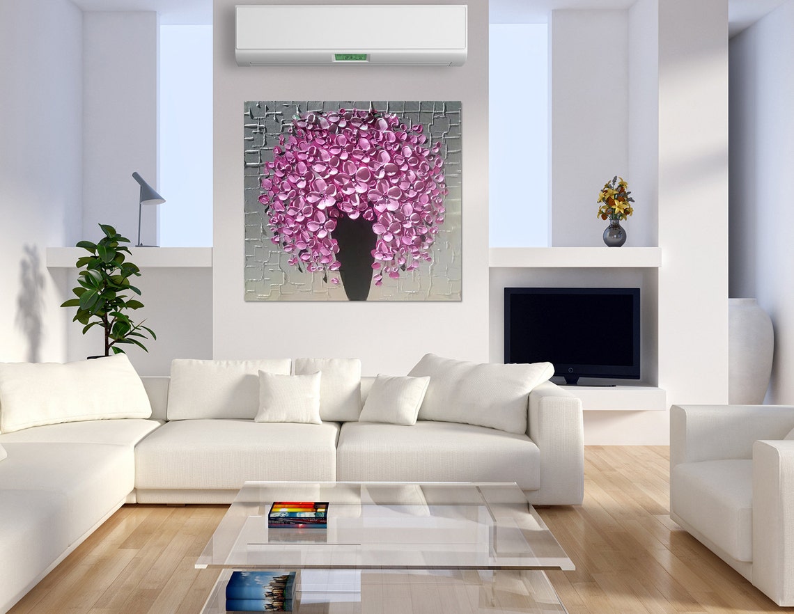 Pink Flower Vase Oil Painting On Pink Abstract Wall Art Palette Knife Painting Living Room Wall Decor Pink Floral Art Pating - Image 2