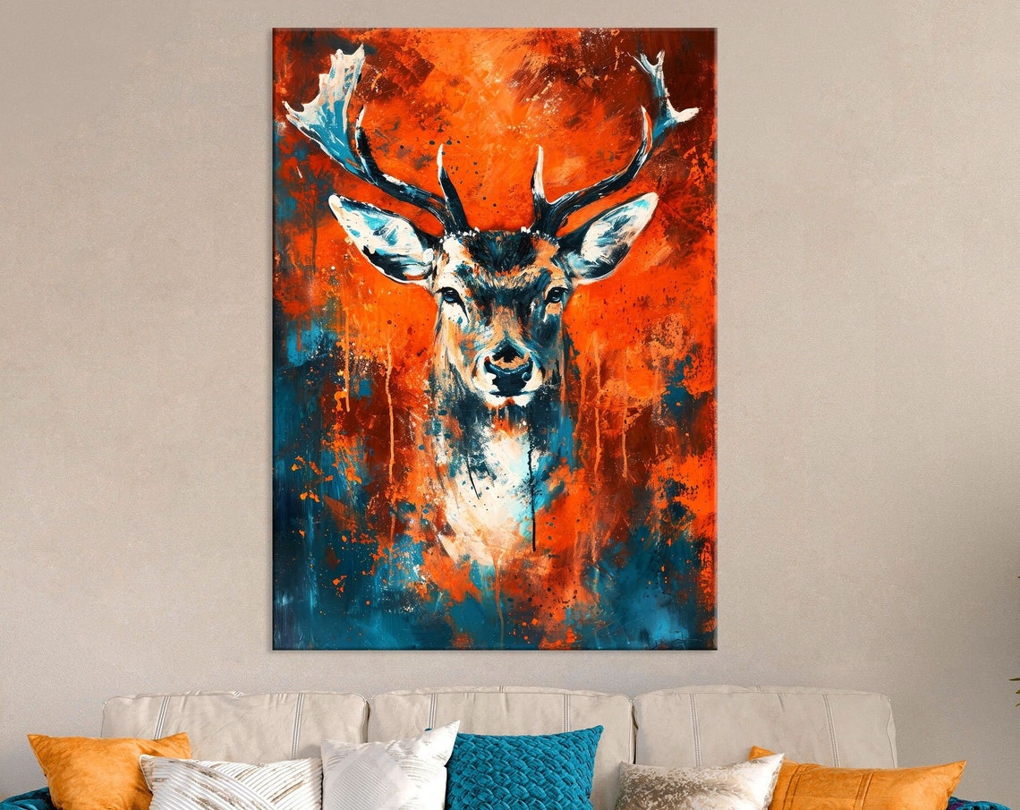 Bold Fiery Red Stag Portrait Poster with Teal Splatter Abstract Art - Image 2