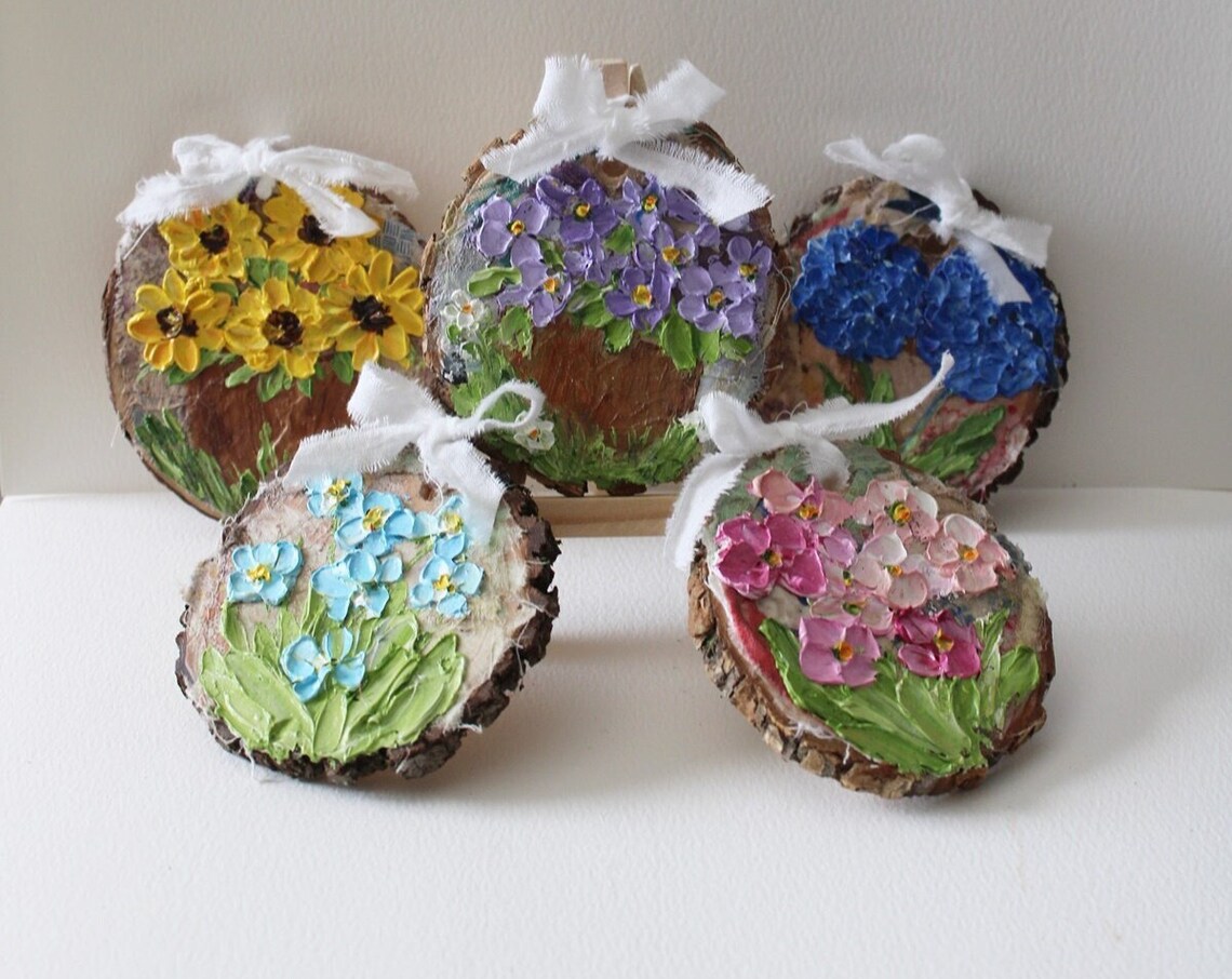 Painted Wood Slice Ornaments with Impasto Flowers and Bows Poster