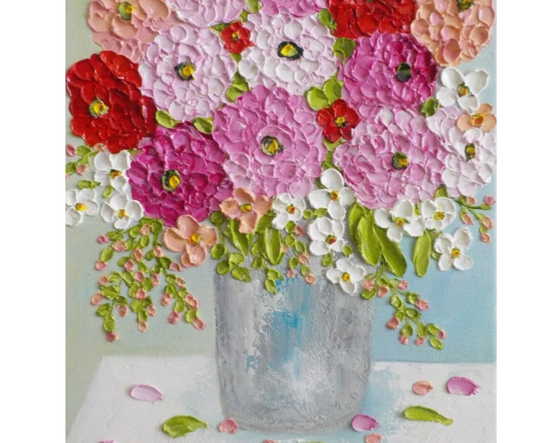Pink Red and Apricot Zinnia Bouquet Impasto Floral Art Poster - Image 5