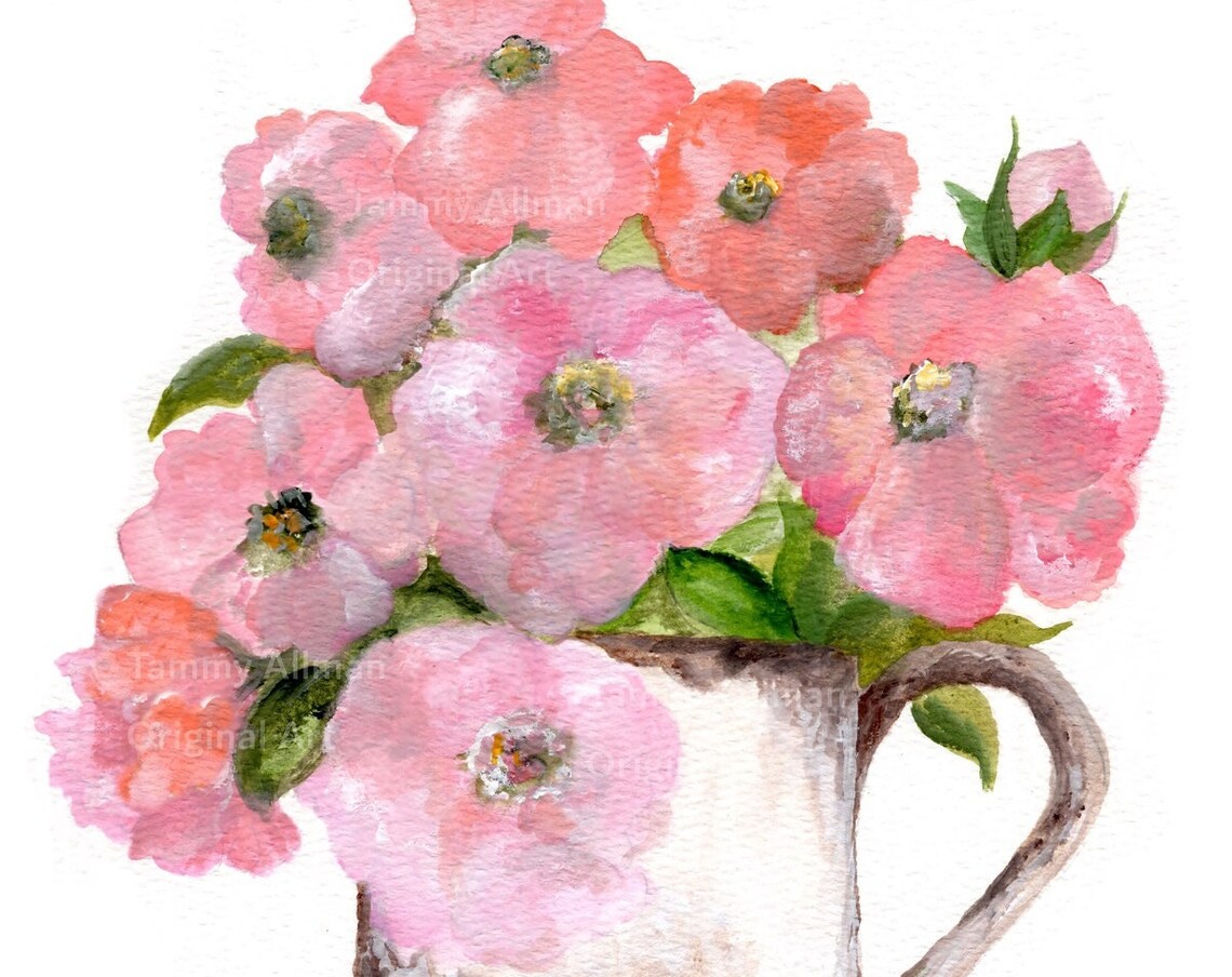 Blush Pink Wildflowers in Enamel Watering Can Watercolor Poster - Image 5