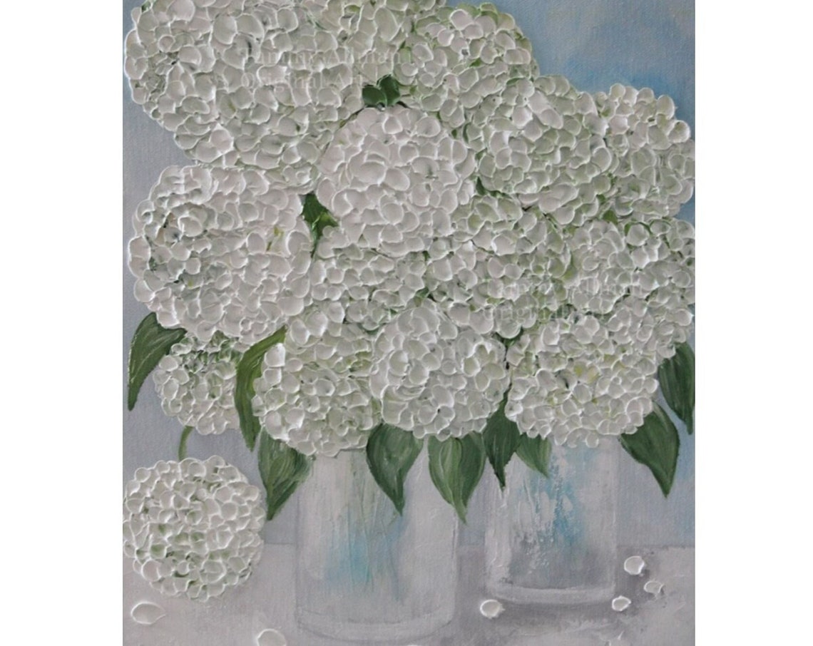Double White Hydrangea Impasto Painting in Glass Vases Art Poster - Image 5