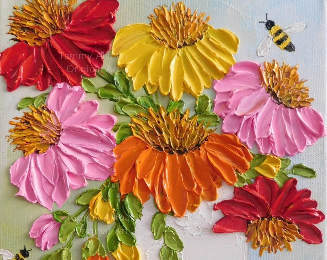Custom Cone Flowers and Bee Impasto Oil Painting Art Print - Image 4
