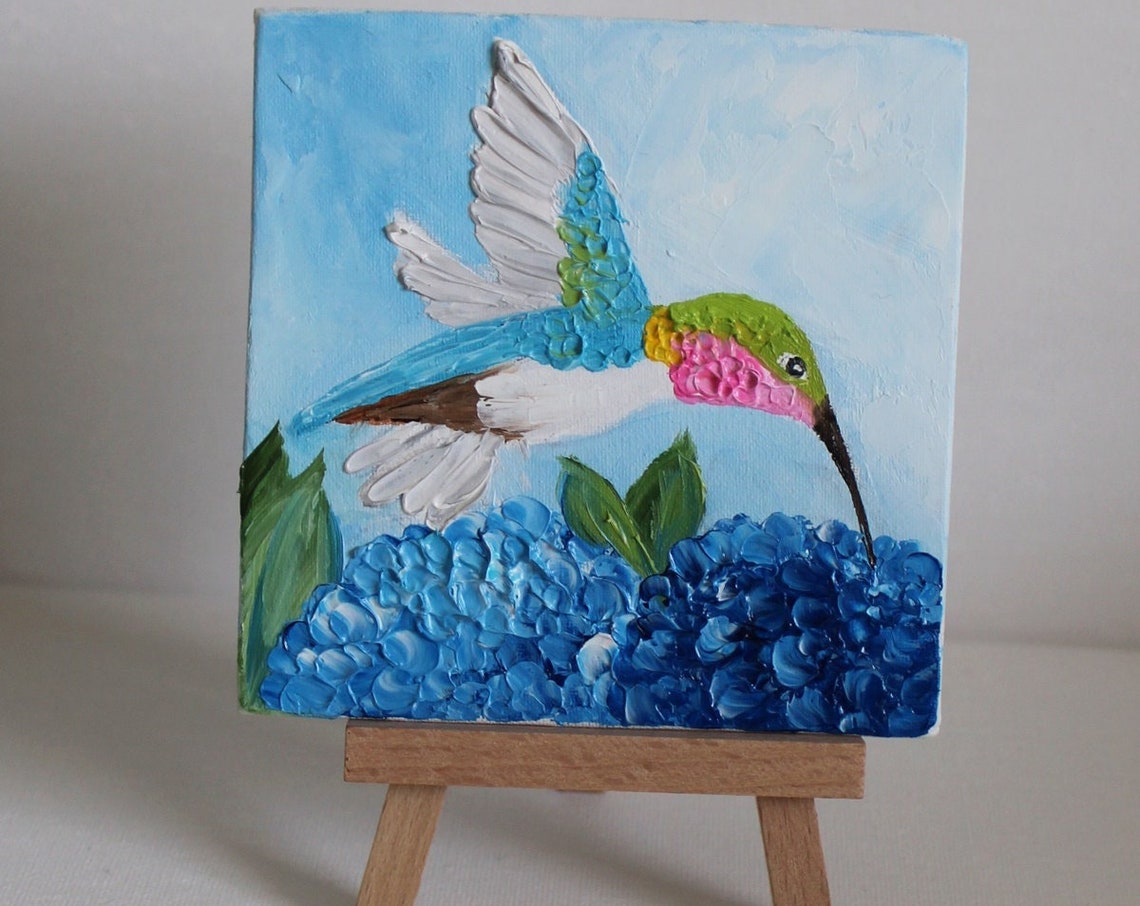 Hummingbird over Blue Hydrangea Impasto Mini Painting Bird Poster