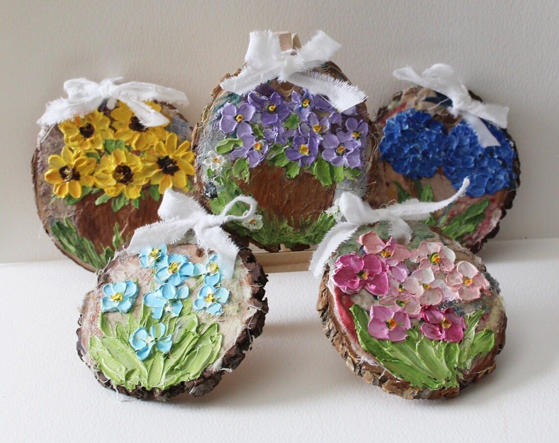 Painted Wood Slice Ornaments with Impasto Flowers and Bows Poster - Image 5