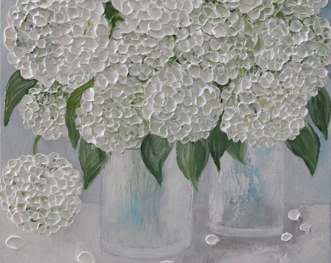 Double White Hydrangea Impasto Painting in Glass Vases Art Poster - Image 4