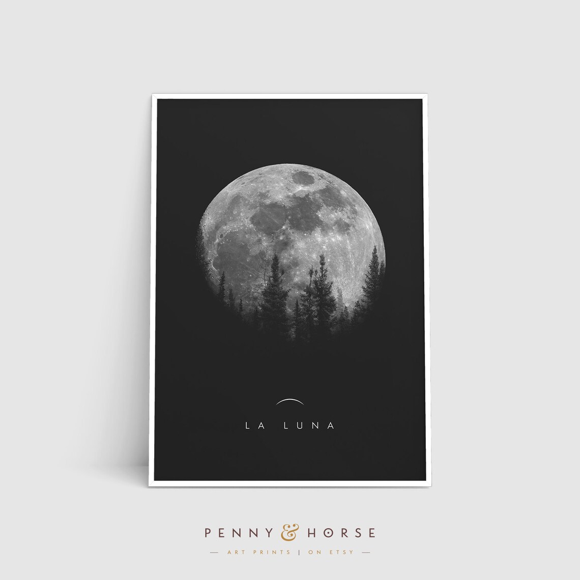 La Luna Full Moon Over Pine Forest Black and White Minimalist Art Poster