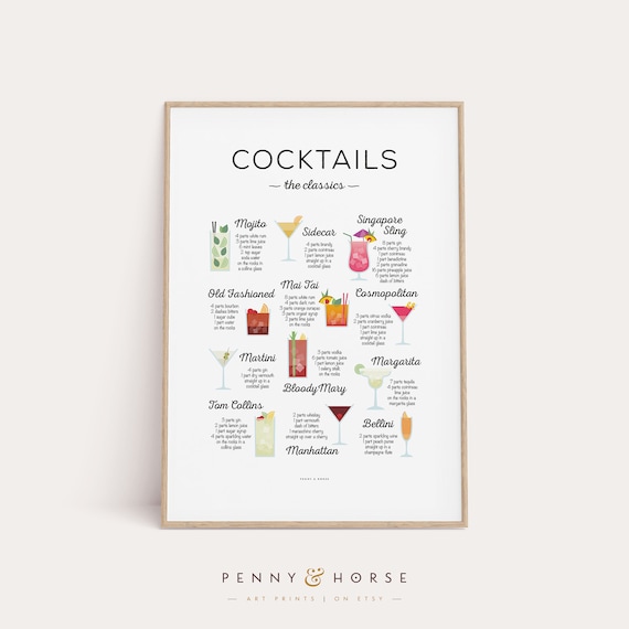Classic Cocktails Recipe Chart 12 Drinks Mojito Martini Poster