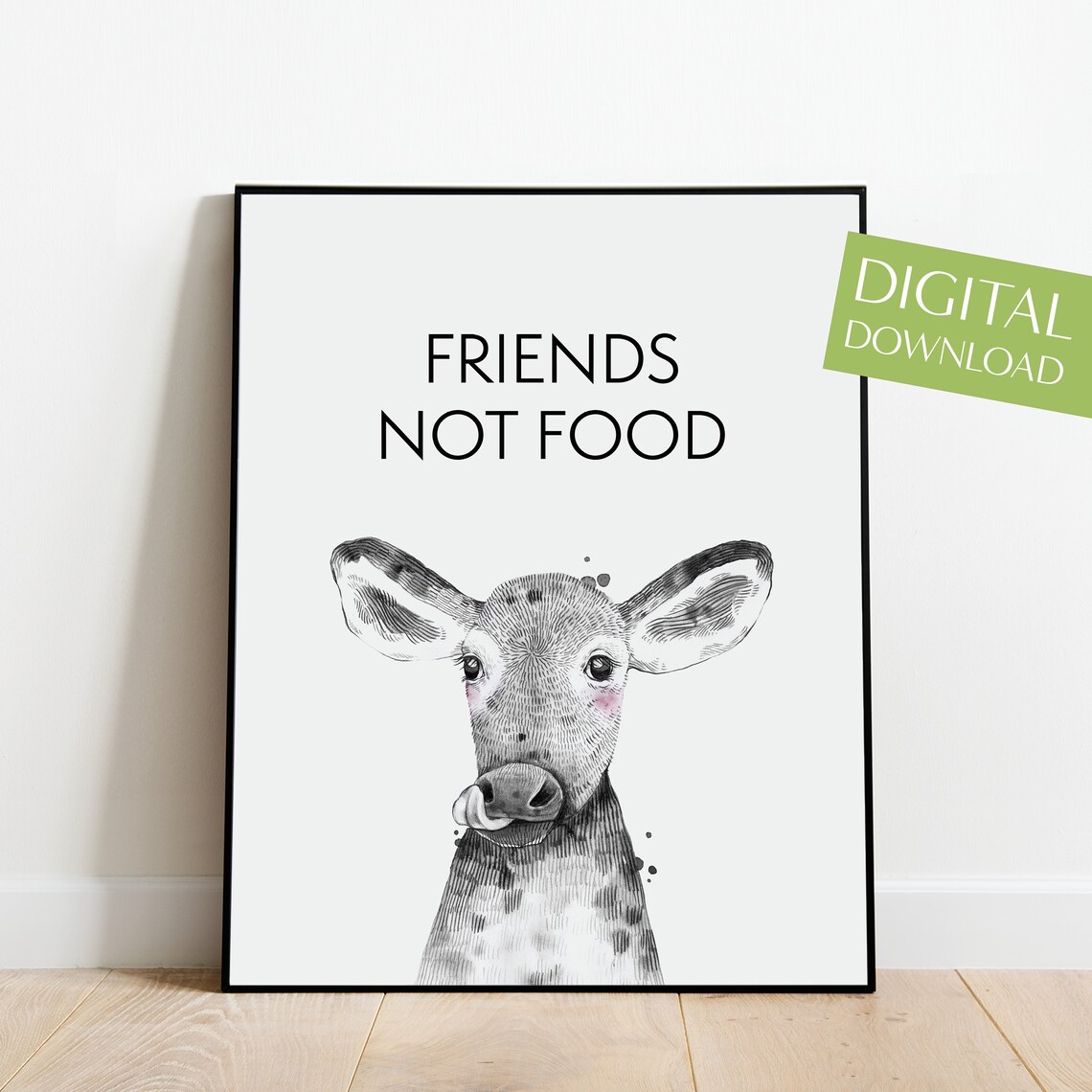 Friends Not Food Cow Kitchen Quote Bold Minimalist Vegan Poster - Image 4
