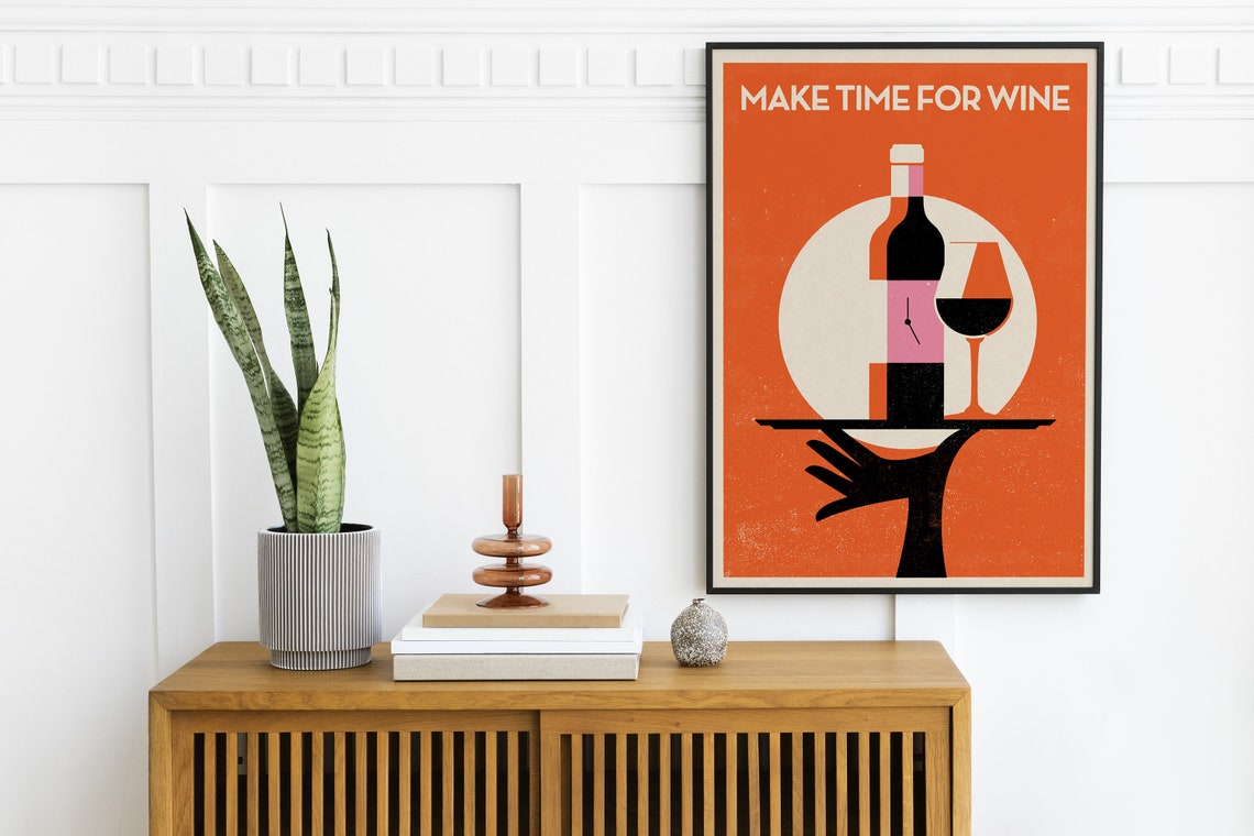 Make Time For Wine Retro Bar Cart Wall Decor Orange Wine Art Print - Image 2
