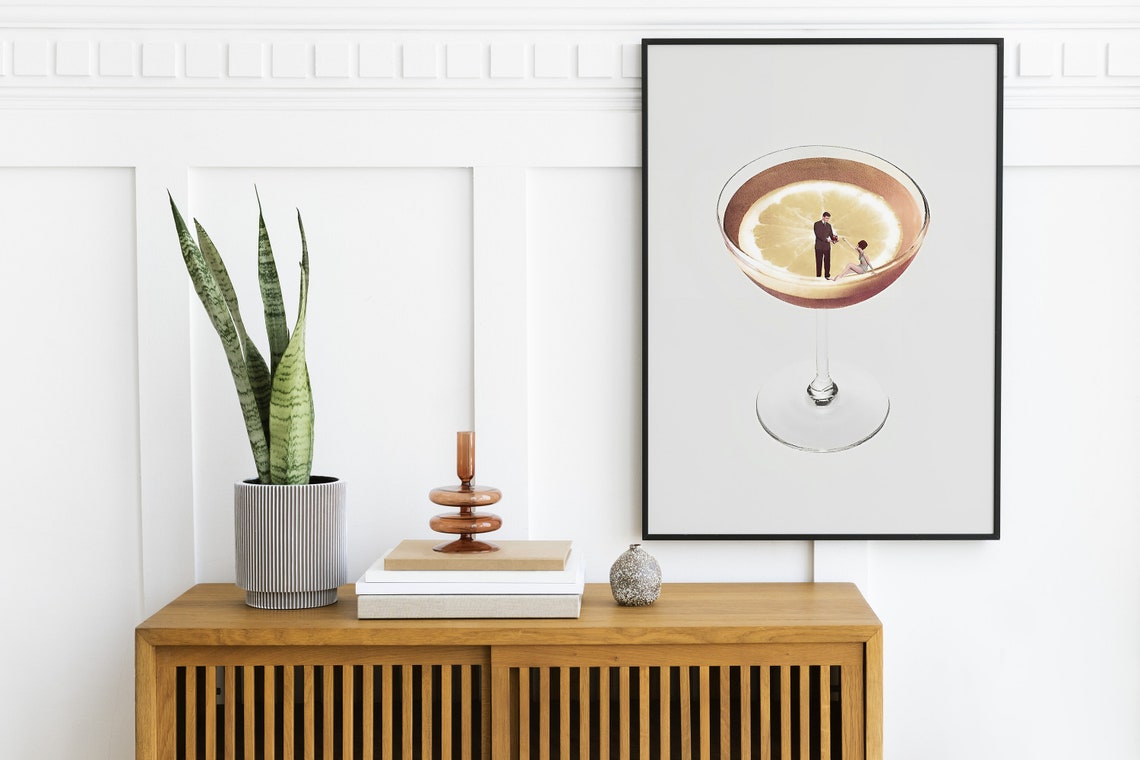 Surreal Martini Lemon Tiny Couple Dream Retro Bar Cart Wall Art - Image 2