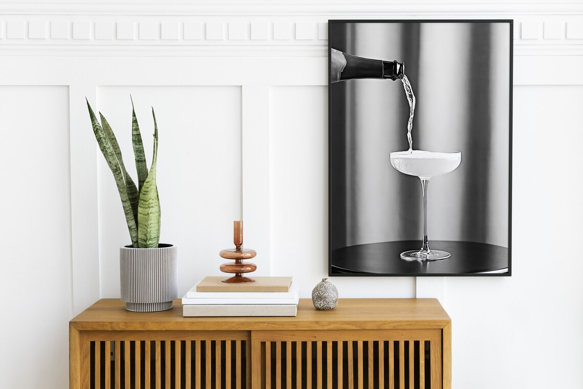 Pouring Champagne Into Coupe Black White Bar Cart Photo Poster - Image 2