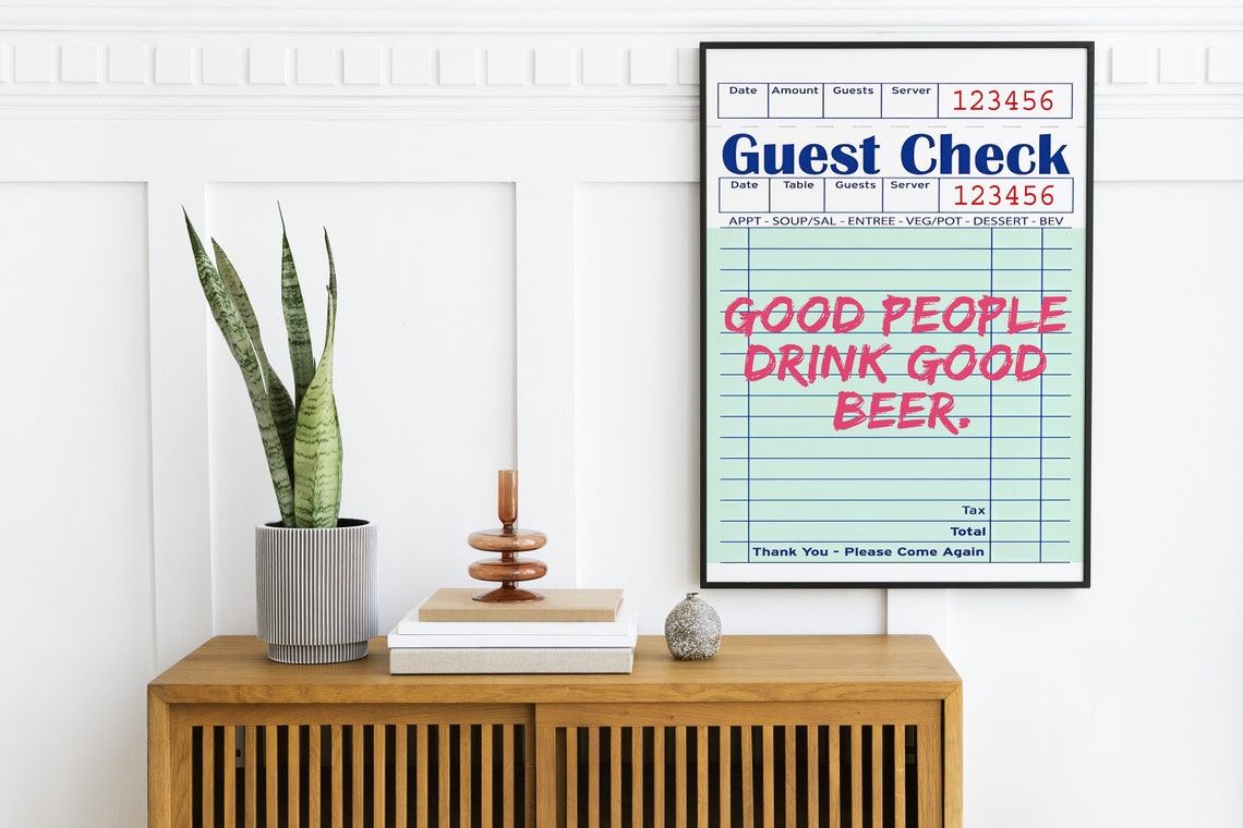 Pink Guest Check Poster Beers Funny Saying Print Bar Cart Wall Art Funky Trendy Kitchen Alcohol Wall Art - Image 2