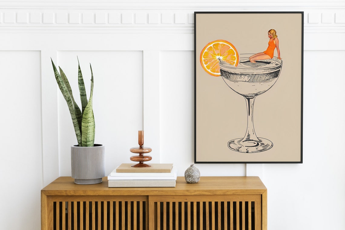 Orange Cocktail Surreal Woman In Giant Coupe Glass Bar Cart Wall Art - Image 2