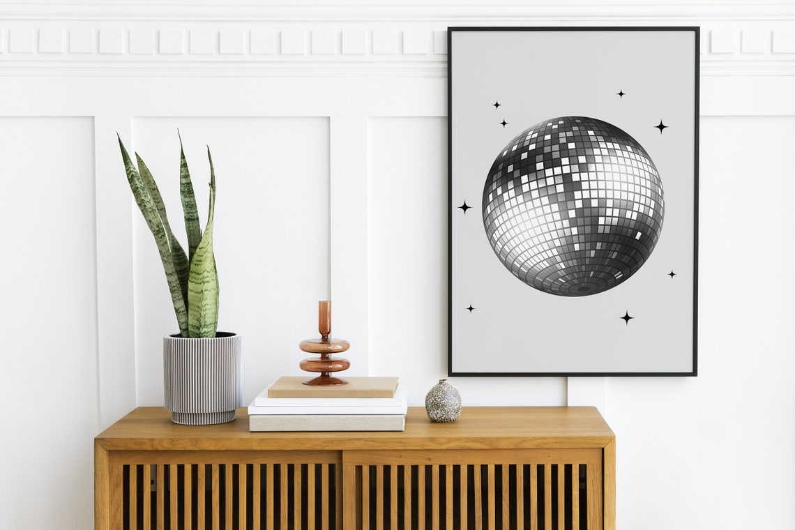 Minimalist Black White Disco Ball Stars Sparkle Party Wall Art - Image 2