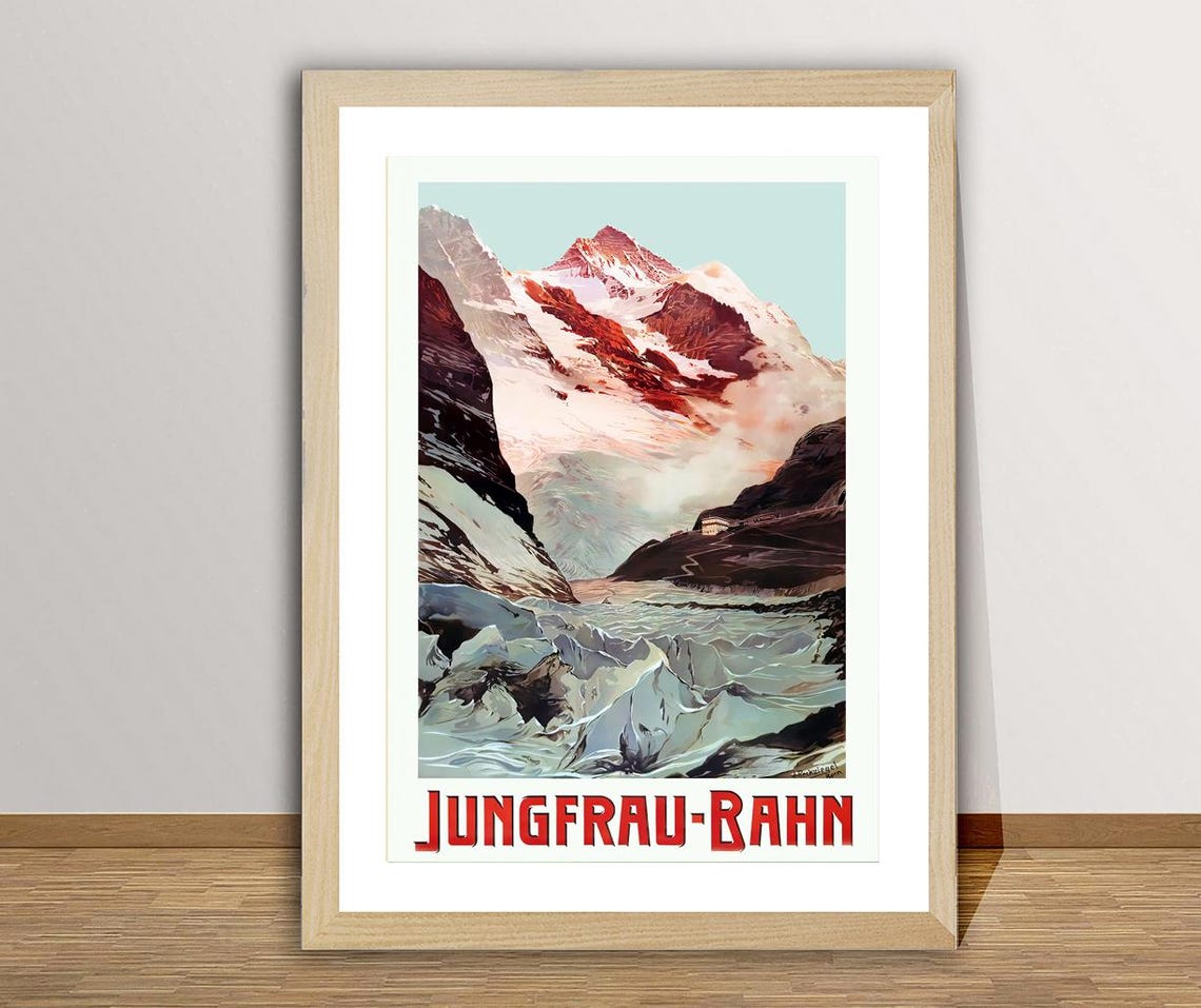 Jungfrau Bahn Swiss Alps Glacier Vintage Railway Travel Poster